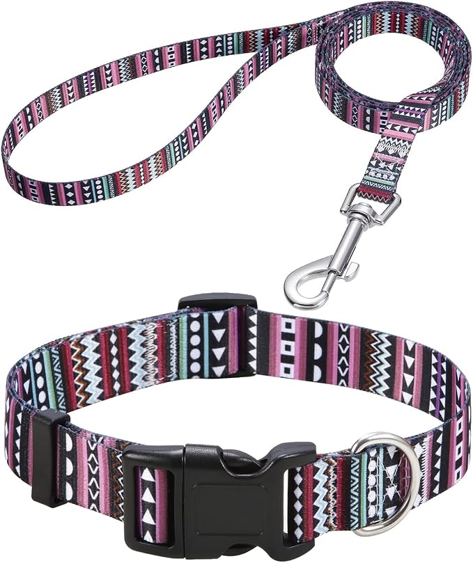 Mihqy Dog Collar and Leash Set with Bohemia Floral Tribal Geometric Patterns - Soft Ethnic Style Collar Adjustable for Small Medium Large Dogs(Bohemian Purple Set,XS) by Mihqy
