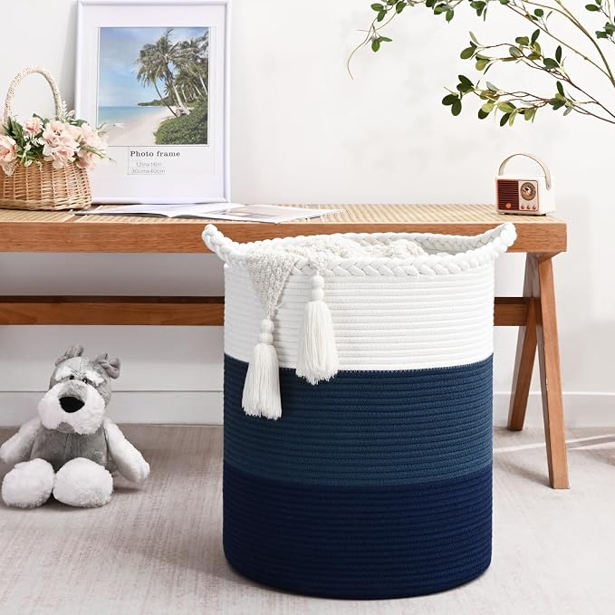 Laundry Hamper for Organizing, 52L Large Laundry Baskets, Cotton Rope Woven Blanket Basket, Collapsible Laundry Hamper for Living Room, Nursery, 15"×18", Dark Blue - Image 2