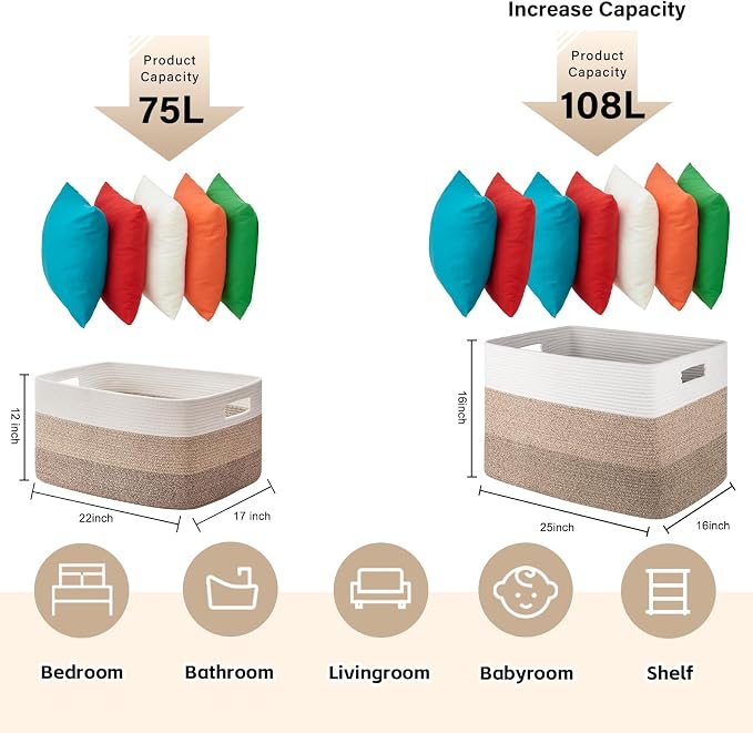 OIAHOMY Blanket Basket Laundry Basket Dog Toy Basket 108L Gradient Brown | Large Storage Basket,Baby Basket,Toy Storage,Woven Rope Basket for Blankets,Blanket Storage for Living Room - Image 3