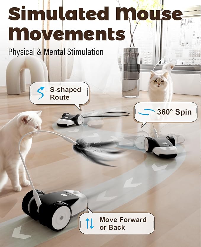 CYROS 3-in-1 Interactive Cat Toy - 2-Speed Automatic Moving Mouse Cat Toys Self Play with 2pcs Hanging Feather String Ribbon and Wiggly Silicone Mice Tail for Bored Indoor Adult Cats Kittens - Image 3
