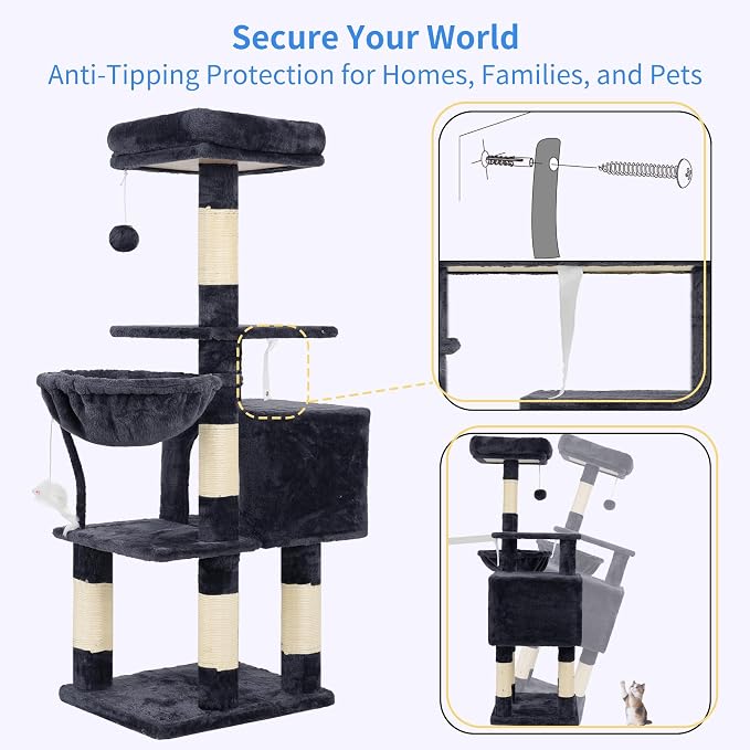 Heybly Cat Tree with Toy, 43.3 inch Cat Tower for Indoor Cats HCT004SG | Cat Condo with Durable Sisal Scratching Posts, Cat House with Padded Plush Perch, Cozy Hammock, Smoky Gray - Image 6