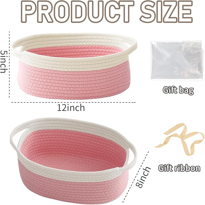 JMvicyroam Small Woven Basket, Empty Gift Basket, White&Pink/2 Pack | Small Gift Basket, Cotton Rope, 12 x 8 x 70 in, Handles, Includes Ribbon and Bag, Birthday Gift Basket - Image 2