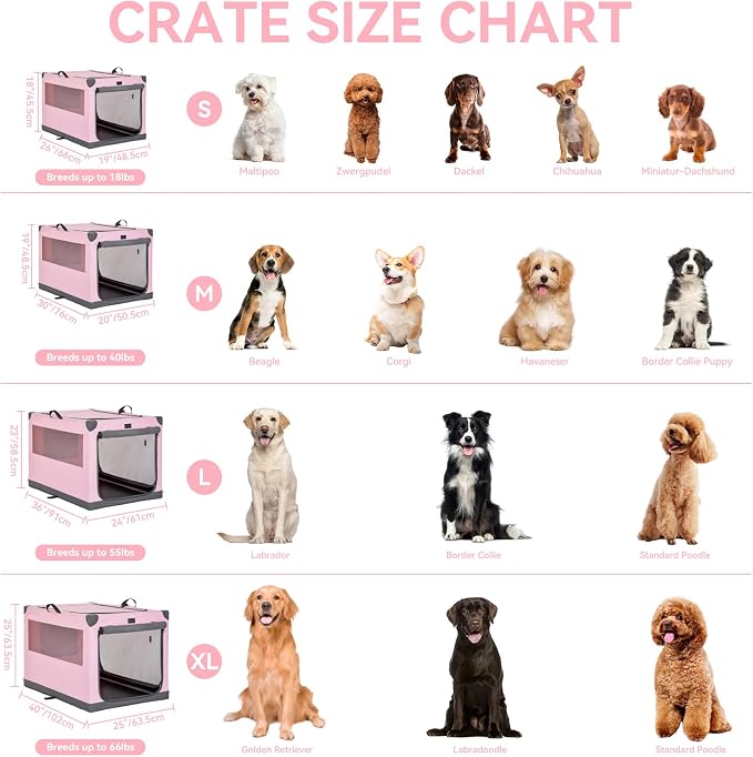 PETSFIT 40" Soft Portable Dog Crate – Patented Spiral Sturdy Frame, Collapsible Travel Kennel for Large Dogs, 3 Mesh Door, Lockable Zippers, Indoor & Car Use Pink - Image 2