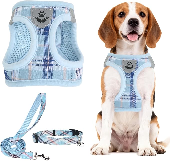 PUPTECK Dog Harness, Collar and Leash Set No Pull for Small Medium Sized | Plaid Puppy Step-in Escape Proof Reflective No Choke Pet Cat Adjustable Walking Vest by PUPTECK