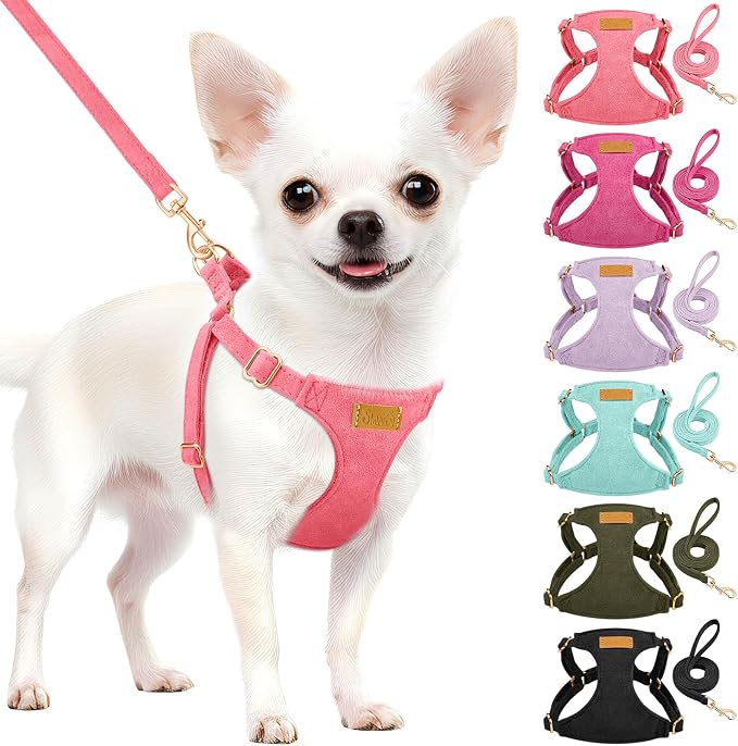 SlowTon No Pull Dog Harness with Leash for Small Medium Dogs, Pink XXS | Solid Pattern, Step-in, Lightweight, Easy Put On and Off, No Choke, Soft Cotton and Suede for Daily Walking by SlowTon