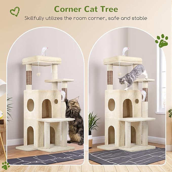 Globlazer Cat Tree Tower for Indoor Cats, 50-inch Adult Cat Tree House for Large Adult Cats with Steps, Scratching Post, 2 Cat Caves, Dangling Toys, FC50, Beige - Image 2