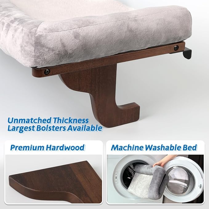 Zakkart Cat Perch for Window Sill with Bolster - Orthopedic Hammock Design with Premium Hardwood & Robust Metal Frame - Cat Window Seat for Large Cats and Kittens - Dark Stained Wood Gray Bed, 24''W - Image 6