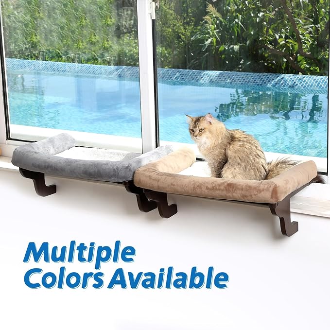 Zakkart Cat Perch for Window Sill with Bolster - Orthopedic Hammock Design with Premium Hardwood & Robust Metal Frame - Cat Window Seat for Large Cats and Kittens - Dark Stained Wood Gray Bed, 24''W - Image 8