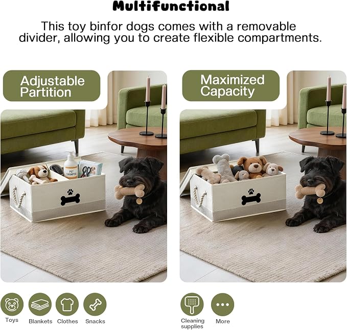 Dog Toy Basket with Double-Open Lid, Divided Dogs Basket for Toys, Collapsible Pet Toys Box, Dog Storage Organizer with 2 Divided Area, Puppy Toy Baskets with Rope Handles, Beige & Gray - Image 4