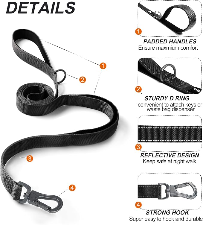 Twoear 4FT 1IN Heavy Duty Dog Leash for Large Dogs with 2 Padded Handles | Traffic Handle Extra Control, Auto Lock Hook, Strong Reflective Walking Leash for Night Safety, Medium and Large Breeds,Black - Image 2