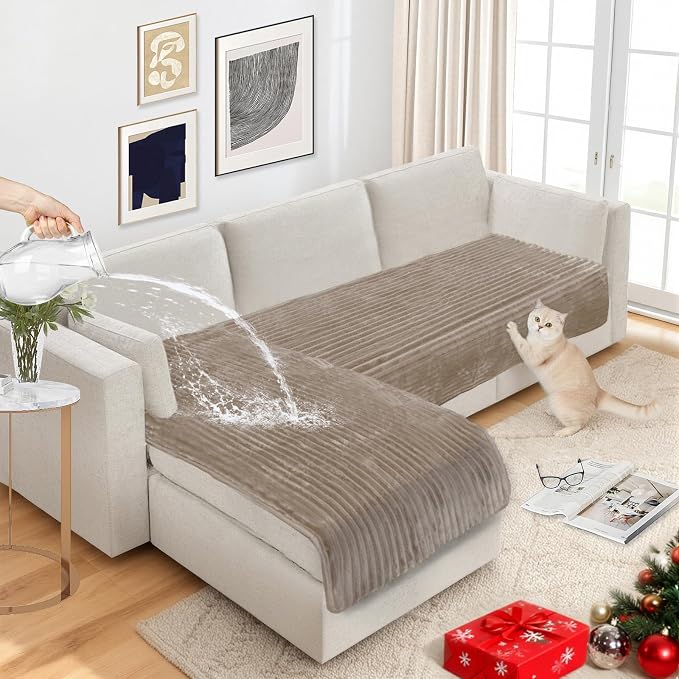 NAISI Couch Covers for Dogs Waterproof Flannel Striped Sofa Cover Pet Friendly Washable Dog Mat for Couch Anti Slip Sectional Sofa Slipcover Protector(2pcs/35"x63"+35"x70",Khaki) by NAISI