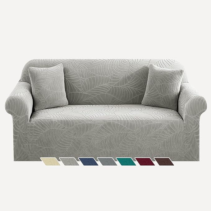 YEMYHOM Couch Cover Latest Jacquard Design High Stretch Sofa Covers for 2 Cushion Couch, Pet Dog Cat Proof Loveseat Slipcover Non Slip Elastic Furniture Protector (Medium, Begonia Leaf Light Grey) by YEMYHOM
