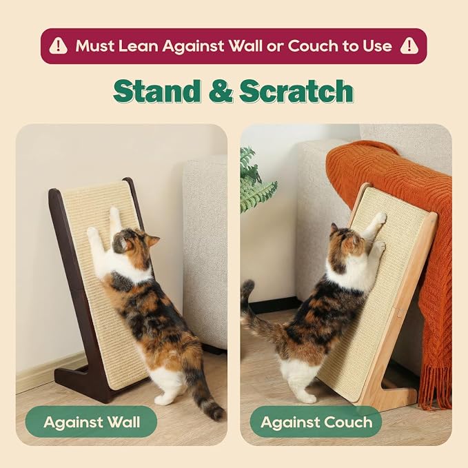 Zakkart L-Shaped Sisal Cat Scratcher, 24.8'' Tall Convertible 70° Vertical Scratching Pad & 20° Ramp Scratcher, Natural Sisal Mat, Solid Wood Frame, Helps Protect Furniture, Easy Assembly (Dark) - Image 2
