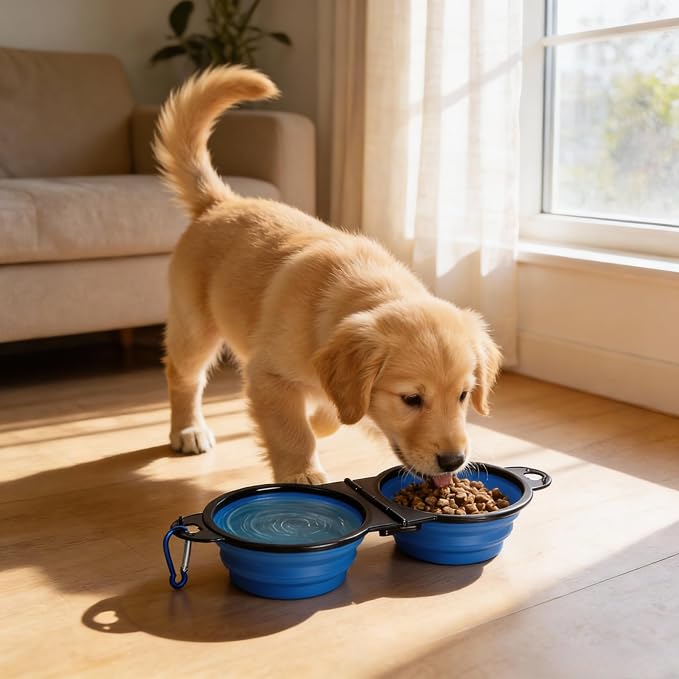 Double Collapsible Dog Bowls for Travel, Food and Water Set with Clip, Blue | 13.5 oz each, folds flat, carabiner clip, walking, hiking, camping, for small and medium pets - Image 6