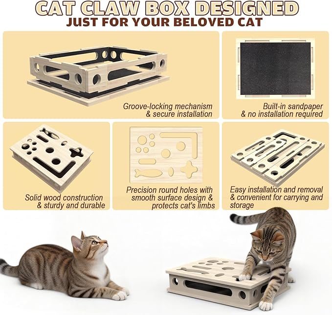 Cat Scratch Puzzle Enrichment Box, Large Solid Wood with Sandpaper Inside | Cat Nail File Enrichment Box with Sandpaper Inside, Cat Nail File Box Stress Free Alternative to Clippers and Grinders - Image 2