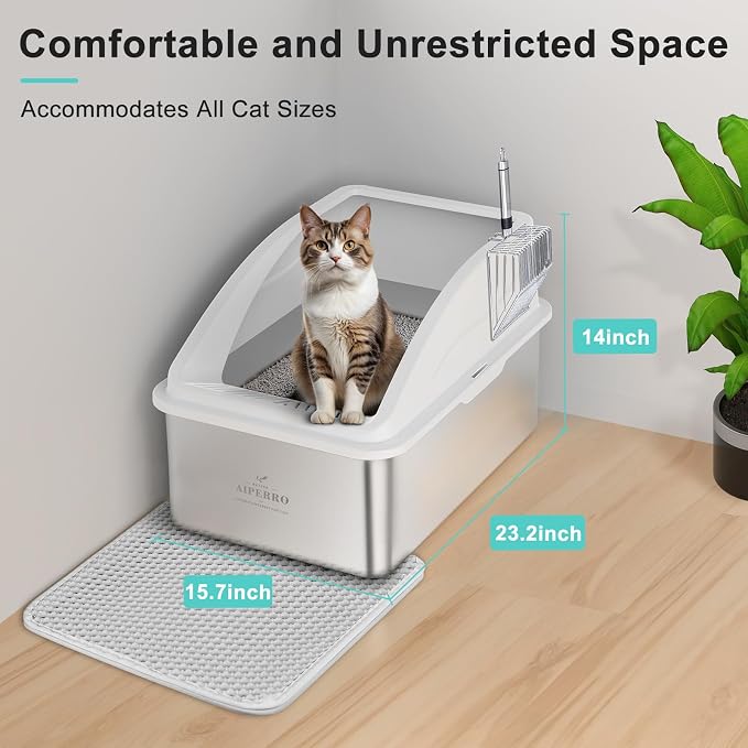 AIPERRO Stainless Steel Litter Box | XXL Deepened 8" Design Metal Cat Box | High Sided with Lid for Big Cats | Anti-Urine Leakage | Non-Stick Bottom & Easy to Clean | Includes Litter Mat & Metal Scoop - Image 3