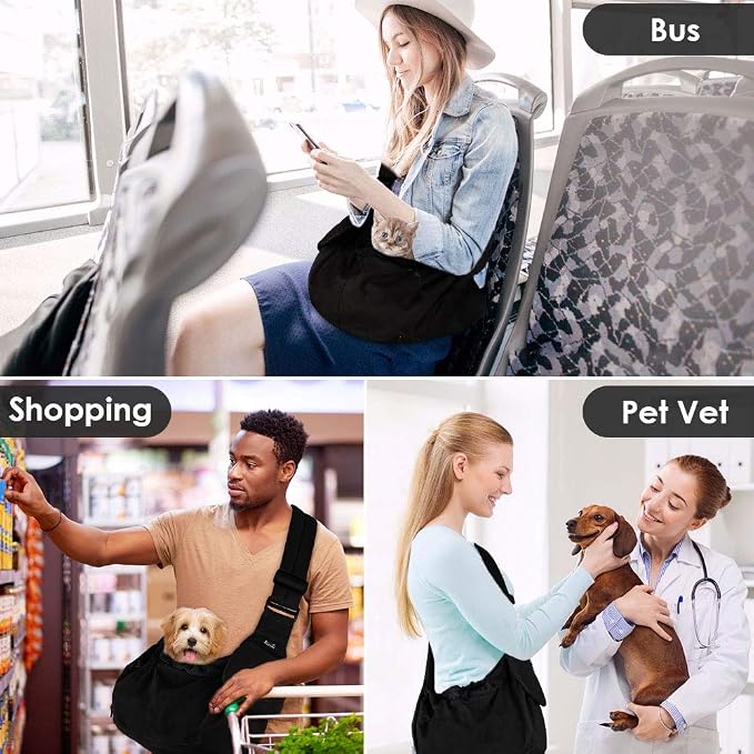 Lukovee Pet Sling, Small Pet Carrier, Hard Bottom Support & Safety Hook | Adjustable Drawstring Opening, Comfortable Padded Shoulder Strap, Zipper Pocket, Dog Slings Purse for Small Dog Cat (Black) - Image 6