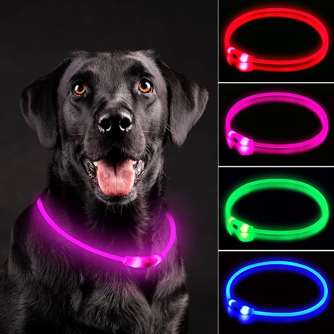 LED Dog Collar, Cut-to-Fit Light Up Dog Collar for Night Walking, IP67 Waterproof USB Rechargeable Glowing Pet Collar, High Visibility Super Bright Safety Lights for S/M/L Dogs(Pink) by NOVKIN