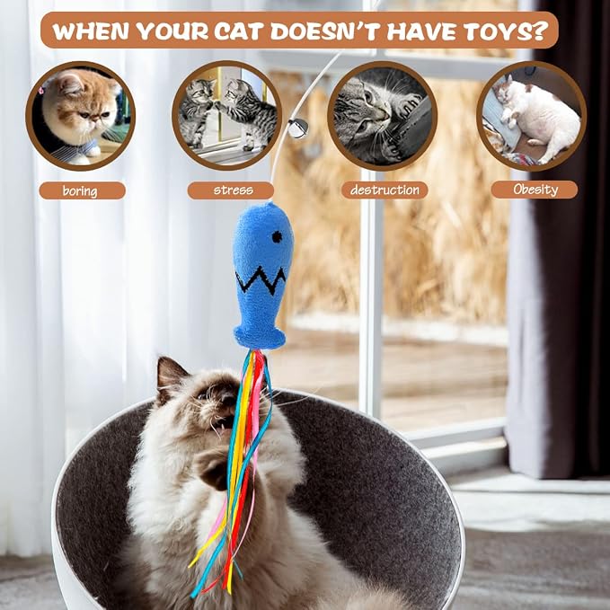 Natural Wood Cat Wand Toy with Ribbon Fish Teaser - 3pcs, 16 Inch, Indoor Cat Exerciser & Playing Kitten Toy, Bonus 5pcs Catnip Sticks for Teeth Cleaning - Image 4