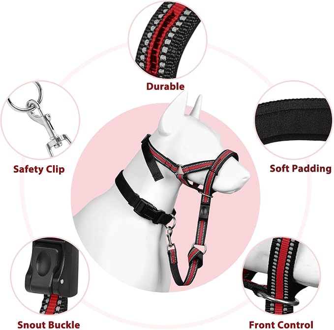 BARKLESS Soft Dog Head Collar, Patented Padded No Pull Head Halter, Training Nose Leash with Safety Link for Medium Large Dogs, Adjustable Muzzle Leash, Easy Control for Walking (M, Red) - Image 8