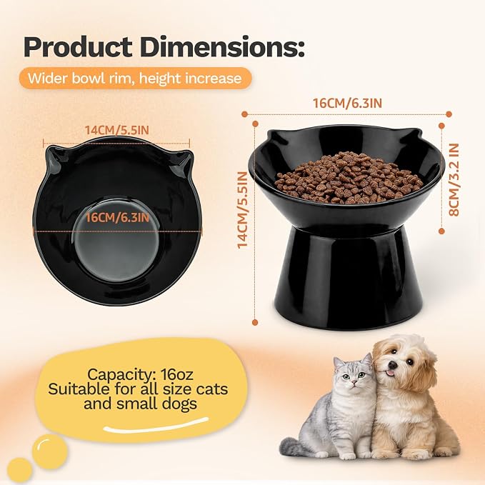 Raised Cat Bowls, 6.3" Extra Wide Shallow Elevated Cat Bowl Detachable, 15° Tilted Whisker Friendly Cat Feeding Bowl, 16oz Capacity, Anti-Vomiting, Neck Protection, Food&Water for Cats Puppies, Black - Image 2