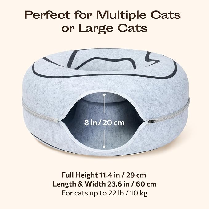 Peekaboo Cat Cave Donut - Cat Tunnel Bed for Indoor Cats – Cute Patterns Hideaway for Multiple & Large Cats, Scratch-Resistant (Light Gray) - Image 7