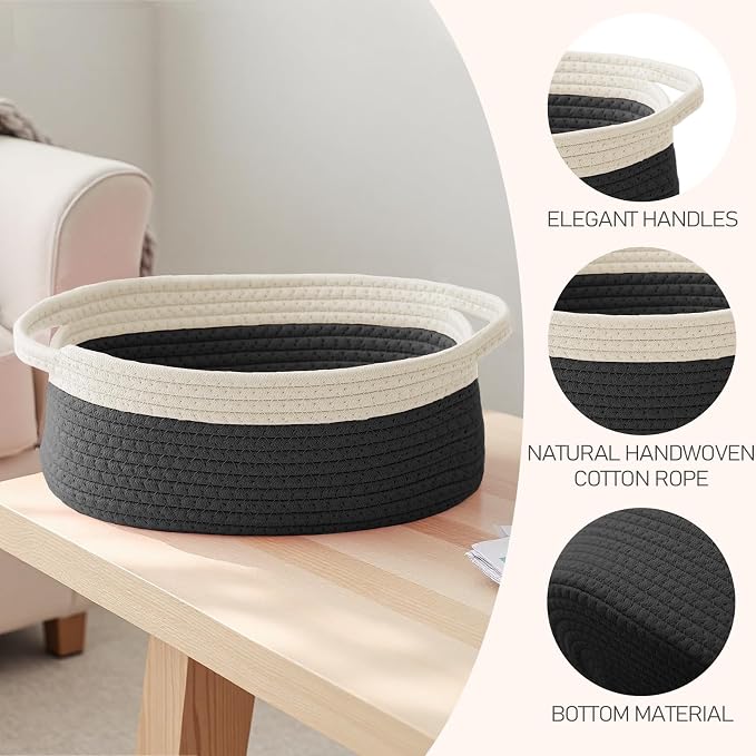 JMvicyroam Small Woven Basket, Empty Gift Basket, White&Black/3 Pack | Small Gift Basket, Cotton Rope, 12 x 8 x 62 in, Handles, Includes Ribbon and Bag, Birthday Gift Basket - Image 3