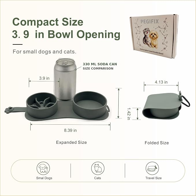 Portable Collapsible Travel Double Bowl for Small Dogs Up to 10 lb | Silicone bowl with a slow feeder side and carabiner. Unique design avoids onsite cleanup. Pour out water, close it and go - Image 4