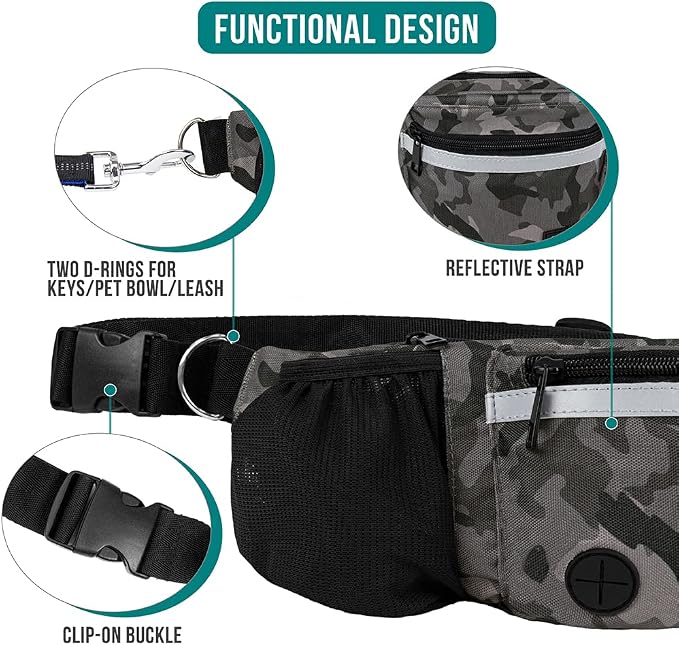 PetAmi Dog Fanny Pack, Treat Pouch for Dog Walking Training, Camo Black | Built in Poop Bag Dispenser, Water Bottle Holder, Collapsible Bowl, Pet Treat Waist Belt for Hiking Running Kibbles - Image 4