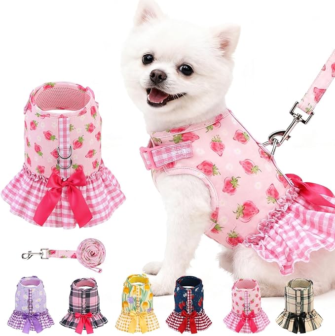 EXPAWLORER Dog Harness Small Medium Sized Dogs, No Choke No Pull Mesh Vest | Strawberry Dog Dress Bowknot Harness and Leash Set Soft Cute Princess Puppy Outfits Clothes Costume for Girl Party Cat Pink M by EXPAWLORER