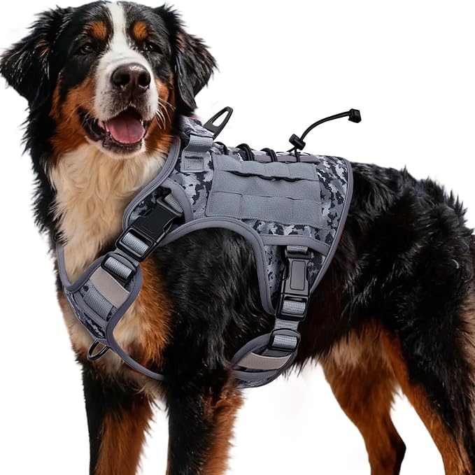 Heavy-Duty Tactical Dog Harness for Large Dogs, No Pull Adjustable Reflective Pet Vest with Molle System, K9 Military-Grade Control for Service Training, Outdoor & 10+ Breeds, Gray Camo, XX-Large by Bruvoalon
