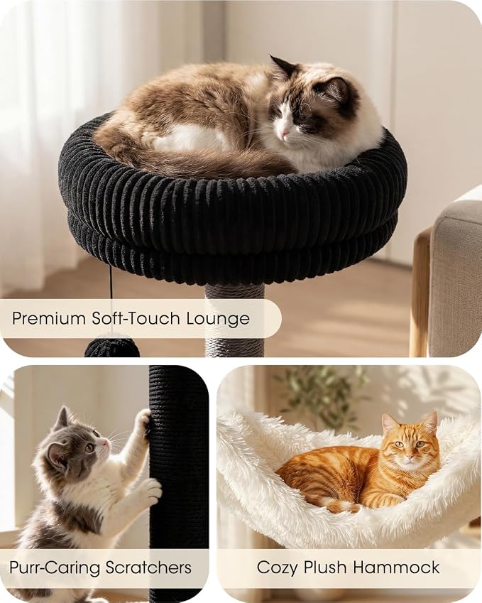 61" Wood Cat Tree Tower, Modern Cat Furniture for Indoor Cats | Engineered Wood & Plush | 61"Modern Cat Tower | 20 lbs Per Platform | Anti-Tip Base | Sisal Posts | Washable Cushions - Image 3
