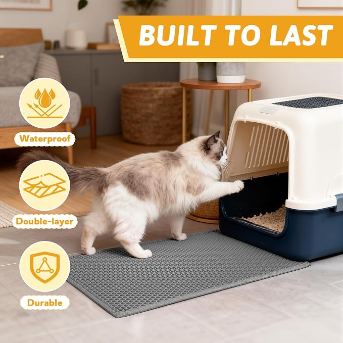 Pieviev Cat Litter Mat, Double-Layer Waterproof Litter Trap, 24" x 15" Gray | Honeycomb Design Catches Scattered Particles to Stop Tracking, Urineproof Base Protects Floors, Easy to Clean - Image 7