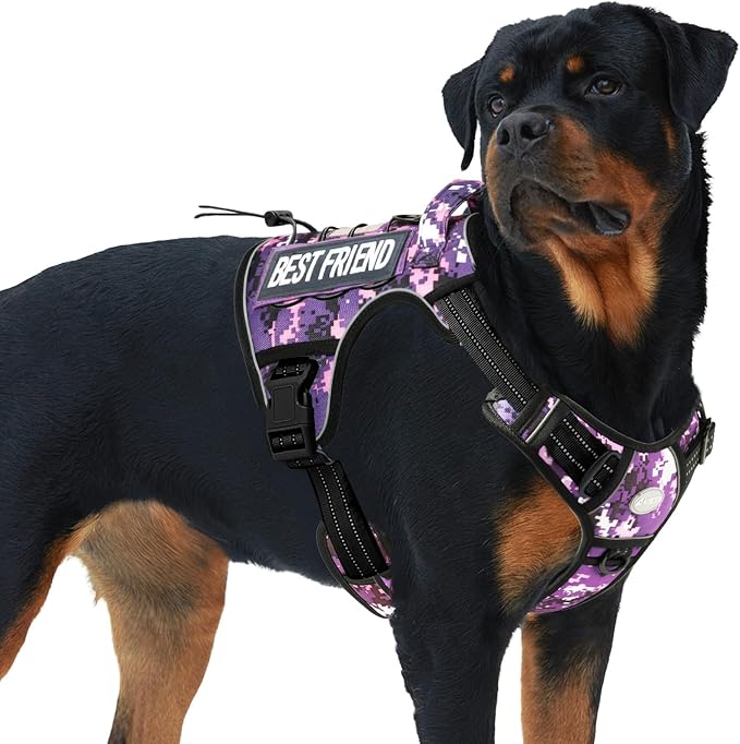 AUROTH Tactical Dog Harness for Extra Large Dogs, Heavy Duty No Pull Vest | Easy Control with Handle, Reflective, Military K9, No Choke, 2 Clips, for Walking Hunting Hiking Training, Purple Camo, XXL by AurothPets