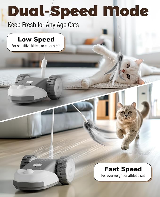 CYROS 3-in-1 Interactive Cat Toy - 2-Speed Automatic Moving Mouse Cat Toys Self Play with 2pcs Hanging Feather String Ribbon and Wiggly Silicone Mice Tail for Bored Indoor Adult Cats Kittens - Image 5