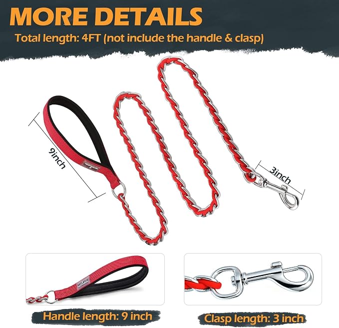 S-ETOVUS-Chain Dog Leash, Bite-Proof Metal Leash, with Padded Handle Red | Three Sizes 7.25FT/5.2FT/4FT, Woven From Nylon Rope And Chain, Durable And Bite-Resistant, Comfortable With Padded Handles - Image 7