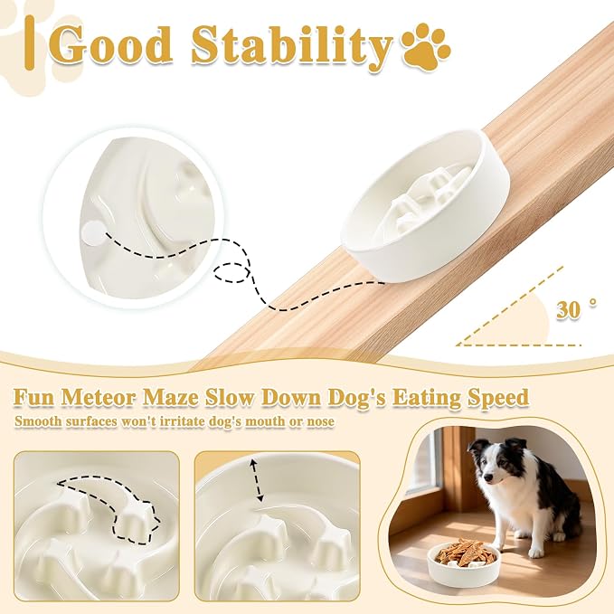 Ceramic Slow Feeder Dog Bowls, 0.6 Cups Dog Food Dish for Small Breed | Puzzle Dog Food Bowl for Fast Eater, 15OZ, 6.3 inch (Beige) - Image 3
