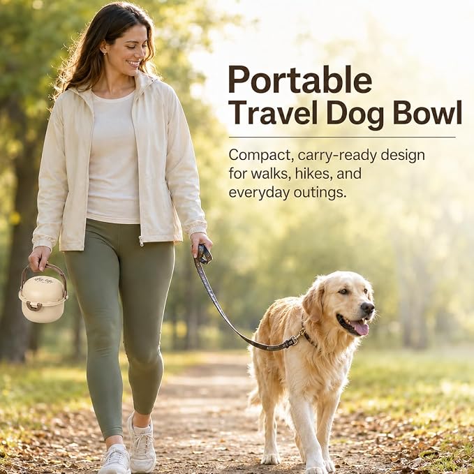 Travel Dog Bowl, Portable Dog and Cat Food & Water Bowl with Handle - Non-Slip, Easy to Clean, Made with Food Grade Plastic & 18/8 Stainless Steel for On-The-Go Pets (Apricot) - Image 2