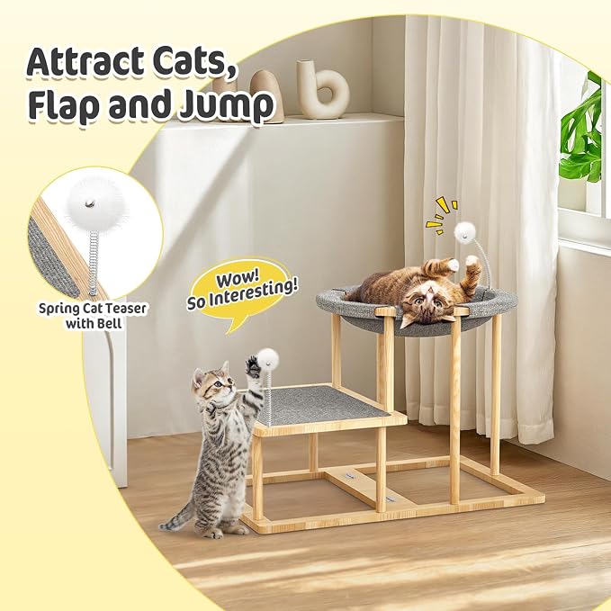 Pawaboo Elevated Cat Hammock Bed, 2-Tier Cats Bed with 2 Teasers | Wooden Cats Furniture with Kitten Scratching Mat, Double Cat Beds Interactive Stair Shaped Pet Hammock for Indoor Climbing - Image 6