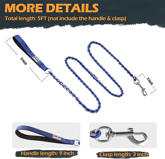 Chain Dog Leash Chew Proof Metal Leash for Medium Large Dogs, Chain Link Dog Leash Anti Chew 5.2FT Strong Anti Bite Dog Leash Comfortable Soft Padded Handle Blue 3.0 | Three Sizes 7.25FT/5.2FT/4FT, Woven From Nylon Rope And Chain, Durable And Bite-Resi... - Image 7