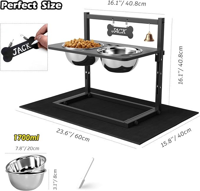 Elevated Dog Bowls With Mat, Adjustable Height 4.3-11.8'', Two 1.7L Stainless Steel Food & Water Bowls, Metal Raised Stand for Large, Medium Dogs - Image 3