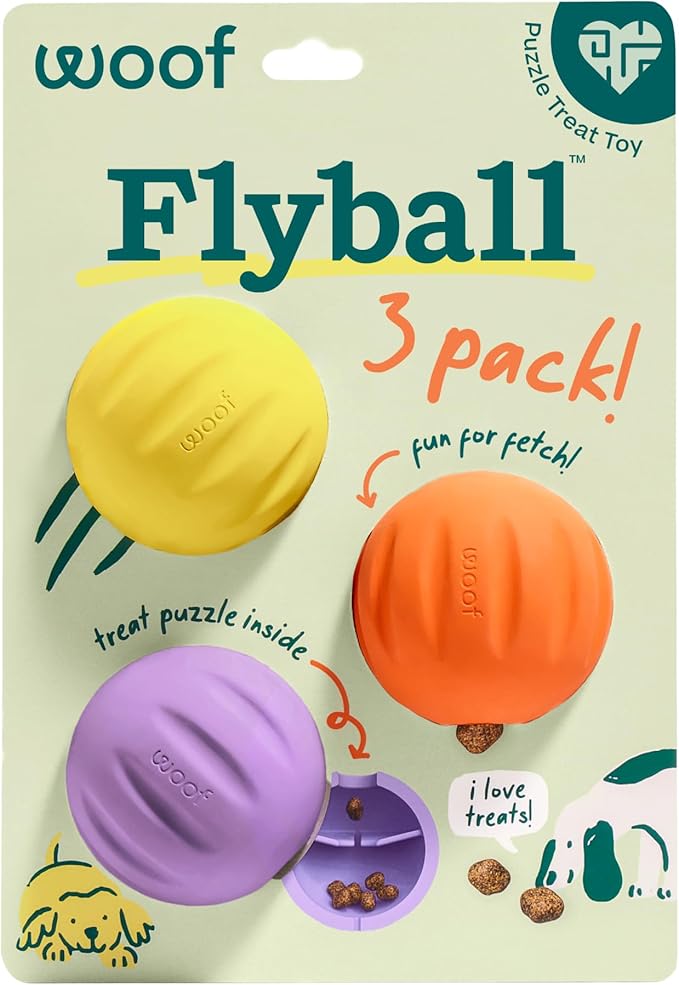 WOOF Flyball Fetch Ball & Dog Treat Dispenser Toy, 3-Pack | 2-in-1 fetch ball, fits standard ball launchers, treat dispenser, durable rubber, dishwasher safe, puzzle enrichment by Woof