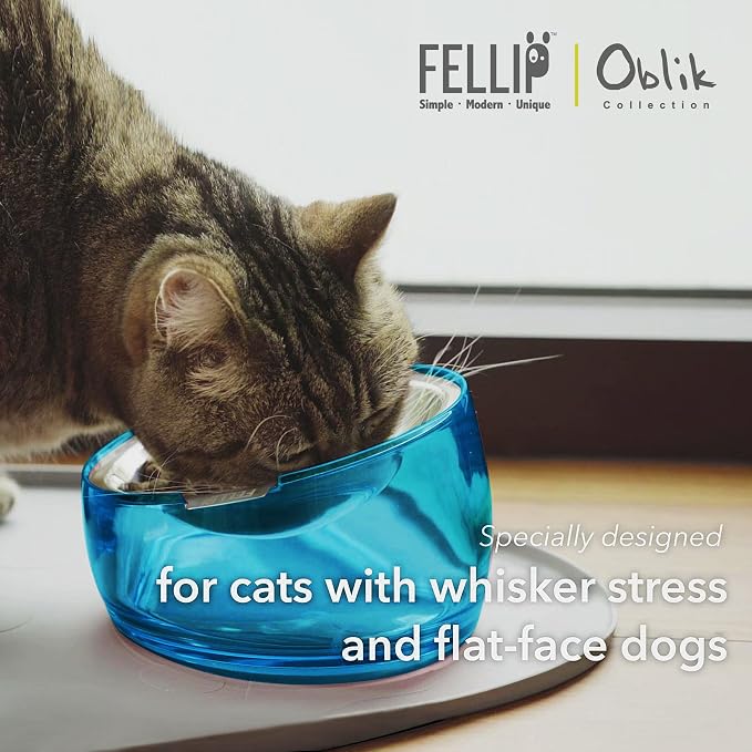 Felli Pet Oblik Whisker Fatigue Cat Food Bowl Raised Stainless Steel Shallow Dish, Pet Design Anti Vomit Tilted Metal Plate Feeder Elevated Acrylic Base(Sapphire, 0.5 Cups Shallow Dish) - Image 8