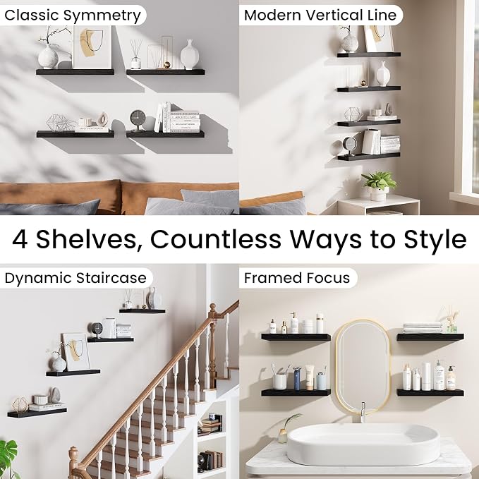 BAYKA Black Floating Shelves 15.7in, Set of 4, Wall Mount Rustic Wood Shelf | Easy Install, 22lbs Max Load, Hidden Bracket, Hanging Shelf for Books/Storage/Room Decor, Multi-Wall Compatible - Image 9