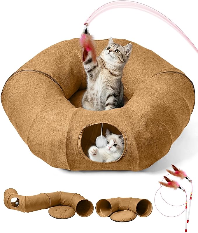 Linen Cat Tunnels with Central Cat Bed, Interactive Cat Toys Detachable Washable Soft Mat Large Indoor Play Tunnel Cave for Kittens and Small Animals by Odoland