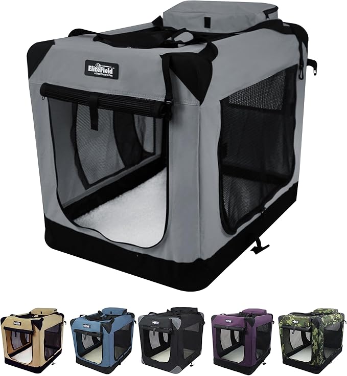 EliteField 3-Door Soft Dog Crate with Bed & Carrying Bag (2-Year Warranty) | 3 Mesh Doors, Steel Frame, Removable & Washable Crate Cover and Bed Cover, Storage Pockets, Indoor/Outdoor, Foldable by EliteField