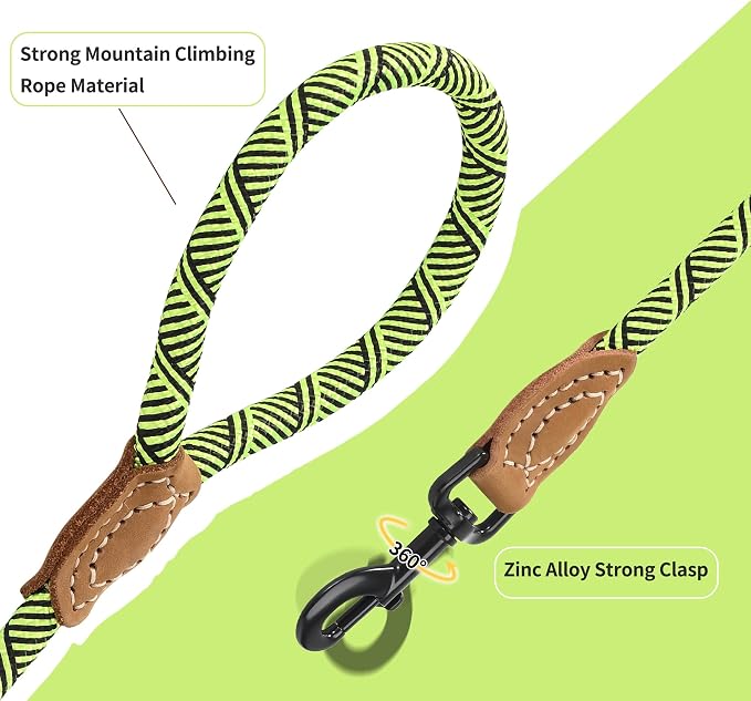 Mile High Life Dog Leash with Genuine Leather-Wrapped Ends, 4/5/6FT | Tangle-Free 360° Swivel Clasp Heavy Duty Rope Leash | Small Medium Large Dogs | Daily Walking (Lime Green, 48 Inch, 1/2") - Image 5