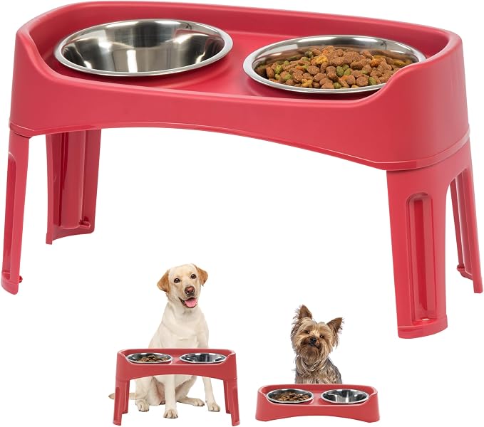 IRIS USA Elevated Dog Bowls, Dual Height 4.63" or 12.25" Made in USA, Black | Includes 2 Stainless Steel Bowls (64oz), Spill Guard, Height Adjustable, Non-Slip Feeder, Helps Reduce Neck Strain by IRISUSA