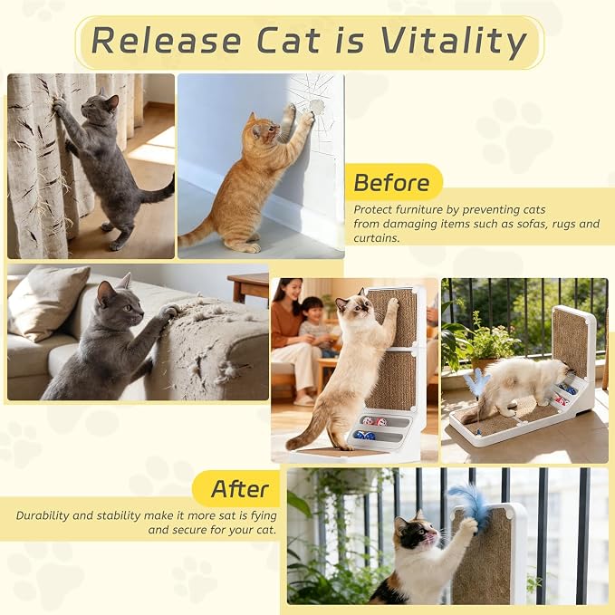 Cat Scratcher Cat Scratch Pad L Shape Wall Mounted Dual Use (Vert/Horiz) Kitten Bunifa Scratching Card Board Vertical Post with Ball Toys Feathers,Protecting Furniture Core is Replaceable Large White - Image 4
