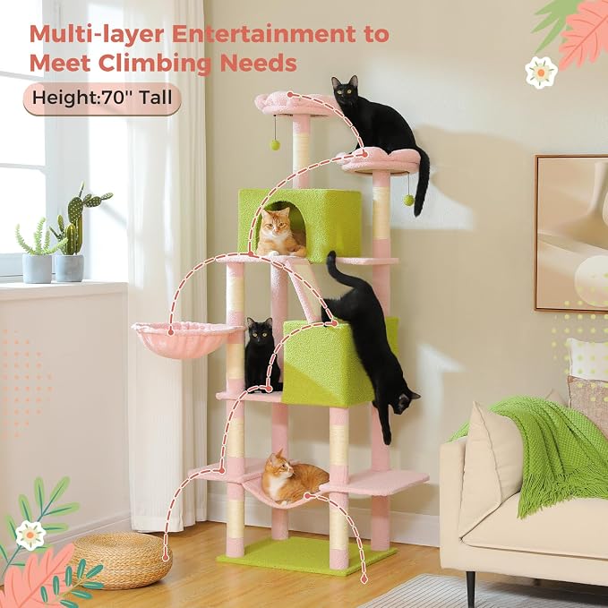 Flower Cat Tree Tall 70.8" for Adult Indoor Cats, 8-Levels Large Cat Tower with 8 Sisal Posts, 2 Hammocks, 2 Condos, Big Perch & 3 Pom Poms for Multi-Cats Household – Carpet Pink - Image 3
